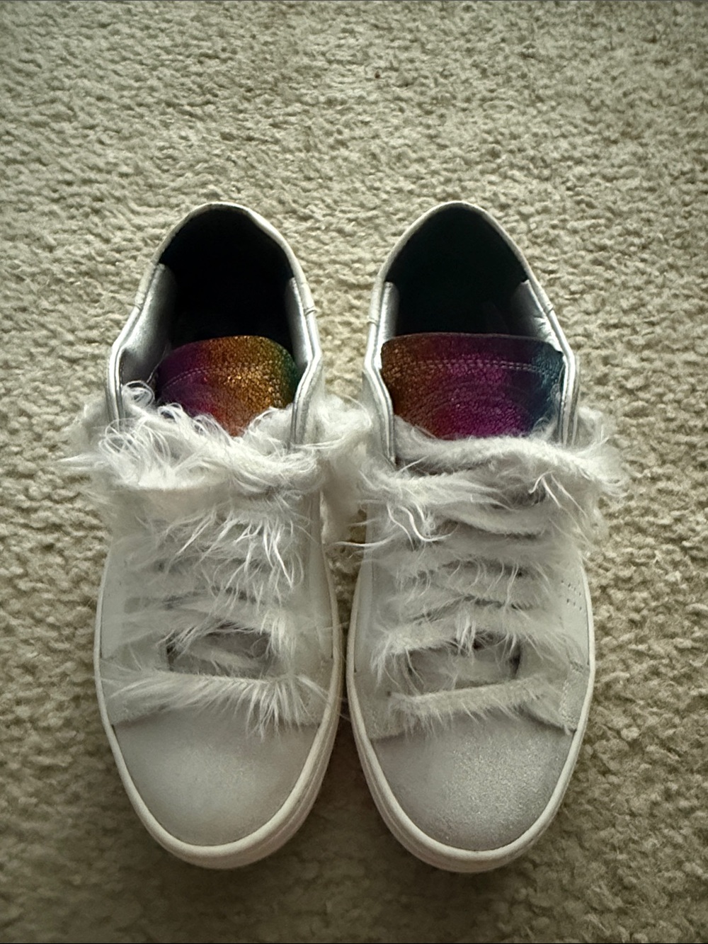 P448 White Sneakers with Faux-Fur Laces and Rainbow Tongue